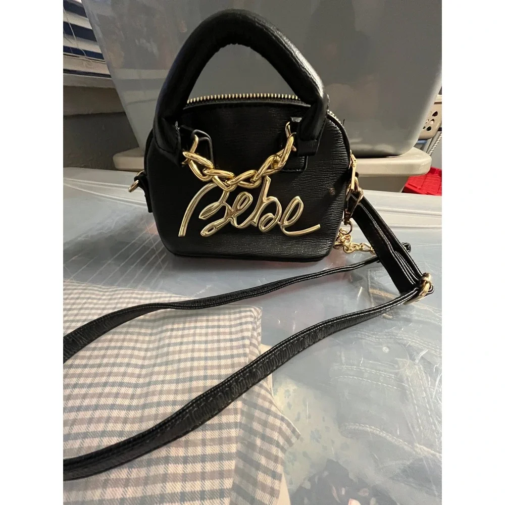 Bebe Black Mini Dome‎ Satchel Crossbody Bag Gold Logo Chain Textured Handbag